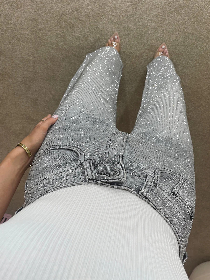 Premium Geniş Paça Diamanté Kot Pantolon Fırtına Grisi