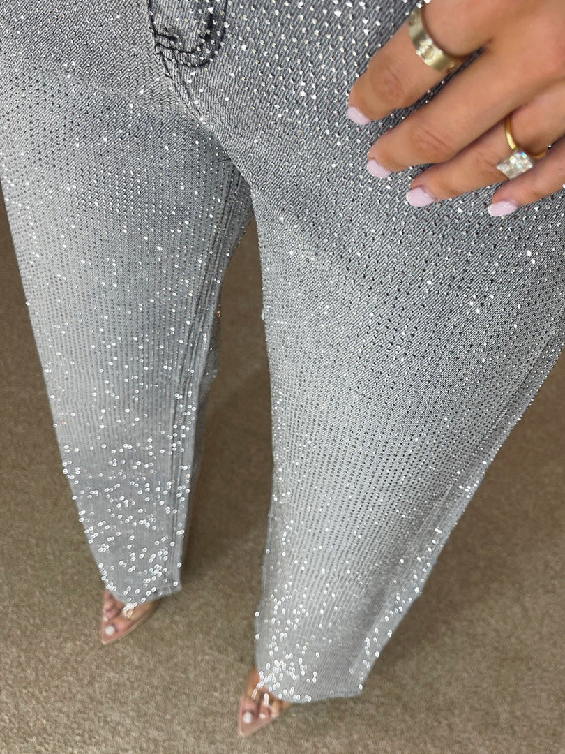 Premium Geniş Paça Diamanté Kot Pantolon Fırtına Grisi